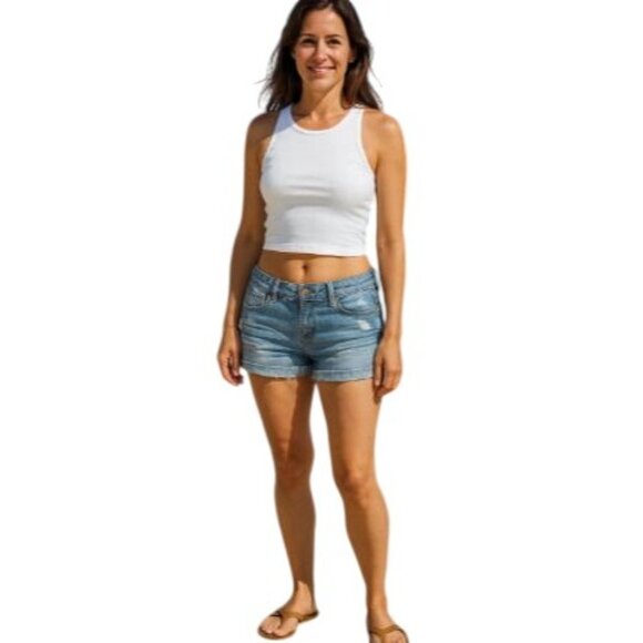 Indigo Rein `SIZE 7 Distressed Jean Shorts Frayed Hem Embroidered Pocket Details - Picture 2 of 7